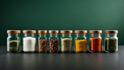 Glass Jars Filled with Spices, Herbs, and Nuts on Dark Background