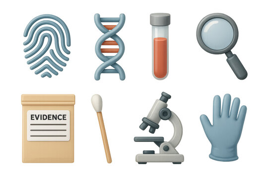 Essential forensic science icons in 3d: fingerprint, dna, test tube, and more