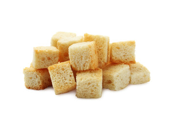 Pile of tasty crispy croutons isolated on white