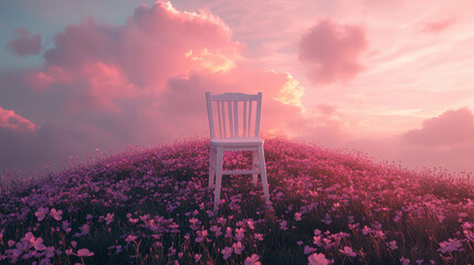 A white-painted chair centered on a soft dome-shaped hill blanketed in blooming clover flowers, dramatic dusk clouds in the background painted in lavender and rose tones