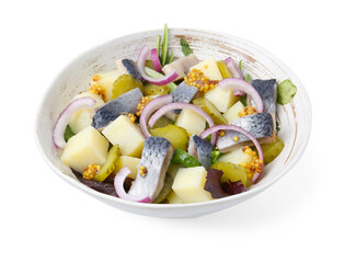 Delicious salad with herring, vegetables and mustard in bowl isolated on white