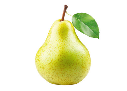 Fresh green pear with leaf isolated on transparent background. Healthy fruit, food concept.