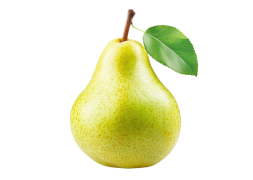 Fresh green pear with leaf isolated on transparent background. Healthy fruit, food concept.