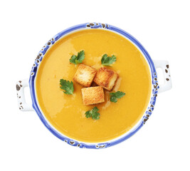 Delicious lentil cream soup with croutons and parsley isolated on white, top view