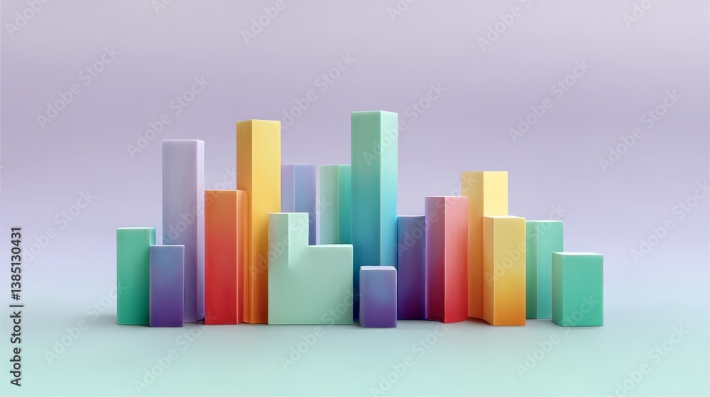 Poster Brightly colored 3D-printed shapes are arranged to form a stylized cityscape, enhancing the aesthetic with a gradient pastel background that adds depth and vibrancy