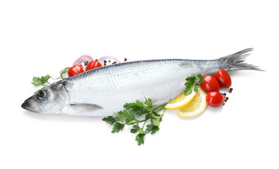 Salted herring, spices and tomatoes on white background