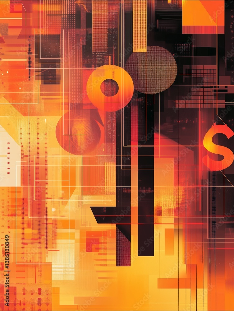 Poster abstract data fusion: a dynamic digital artwork bursts with vibrant colors and layered geometric sha