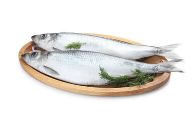 Salted herrings, onion and dill on white background