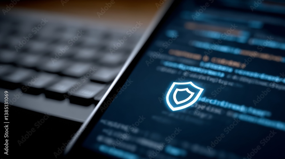 Aufkleber Close-up perspective reveals a computer screen filled with secure code, highlighted by a glowing shield in a contemporary office environment emphasizing data protection