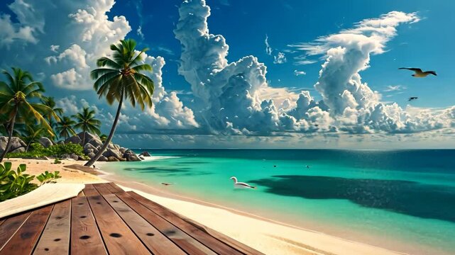 Island paradise azure waters palm trees serene beachscape summer vibes and vacation getaway
