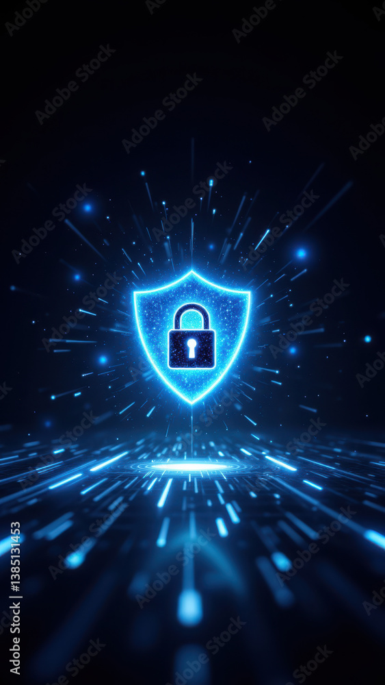 Poster a digital illustration of a blue lock icon set against an abstract backdrop with cyber-related eleme