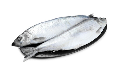 Two tasty salted herrings on white background