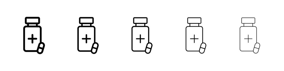 Pill bottle icons vector set in different stroke line style