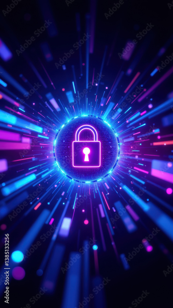 Aufkleber futuristic digital cybersecurity concept with a glowing lock at the center of an abstract explosion 
