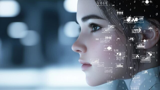 artificial intelligence female with digital visual interface, sci-fi atmosphere