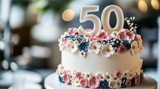 Delicious white cake decorated with icing flowers celebrating a 50th birthday