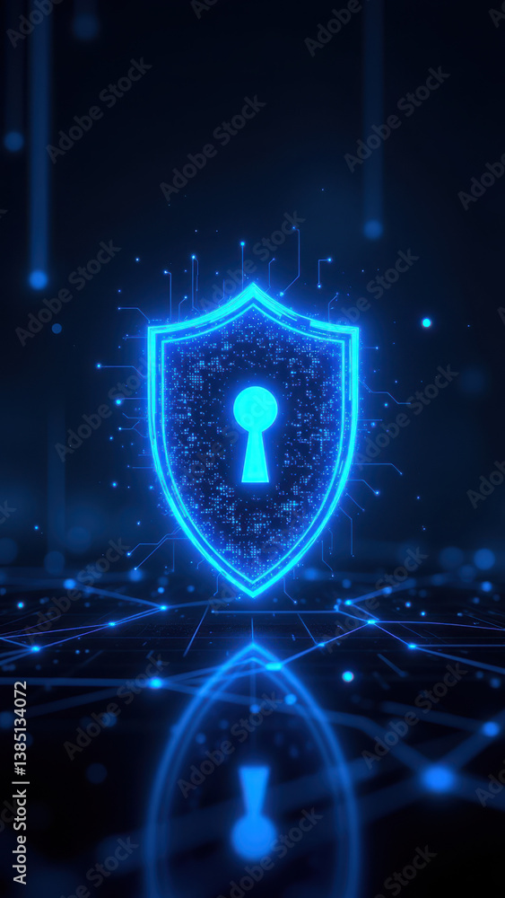 Poster cybersecurity shield with key, digital network background.