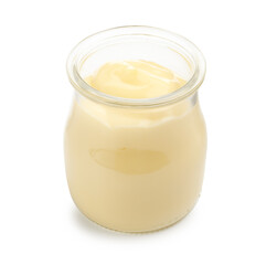 Tasty vanilla pudding in jar isolated on white