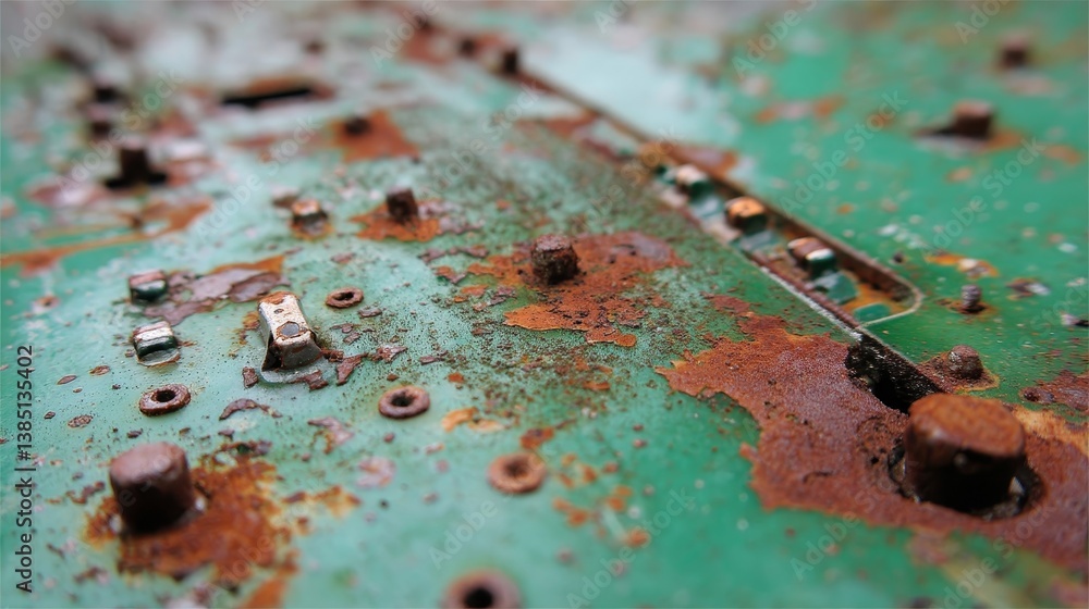 Poster close-up of a corroded circuit board segment revealing burnt spots, dust, and discolored solder poin