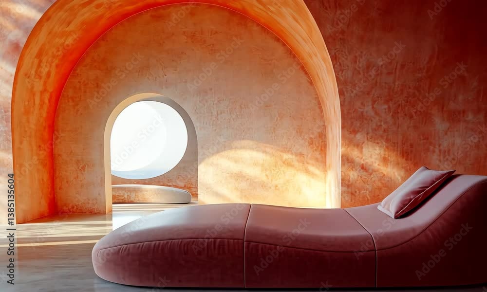Poster serene architectural space with arches, soft light, and minimalist lounger creating a tranquil scene