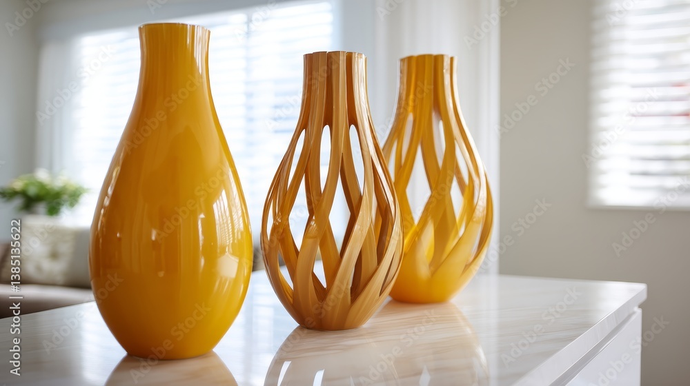 Aufkleber three vibrant orange sculptural pieces with detailed lattice structures rest on polished white marbl