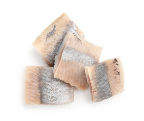 Pieces of delicious herring isolated on white, top view