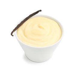 Tasty vanilla pudding and pod in bowl isolated on white