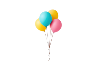 Colorful balloons on a transparent background. Balloons in yellow, blue, and pink colors. Celebration and party concept.