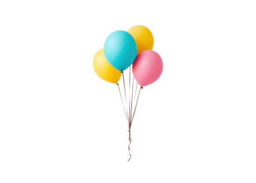Colorful balloons on a transparent background. Balloons in yellow, blue, and pink colors. Celebration and party concept.