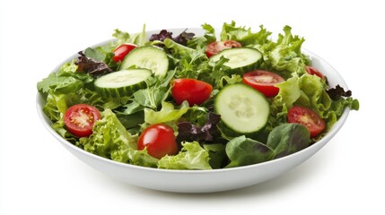 A clean bowl of mixed greens salad with cucumbers, tomatoes, and avocado. Featuring fresh and healthy ingredients