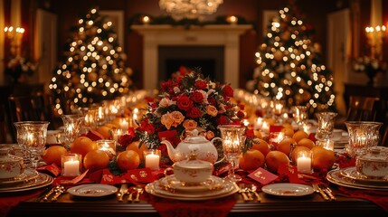 Festive formal dinner table setting, decorated with Christmas trees