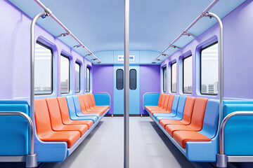 Fototapeta premium Empty Subway Car Interior with Purple Walls, Blue Accents, and Orange Seats