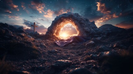 Tomb with a stone entrance at sunrise surrounded by rocks and grassy landscape