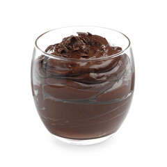 Delicious chocolate pudding in glass isolated on white