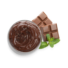Delicious pudding in glass, chocolate and mint isolated on white, top view