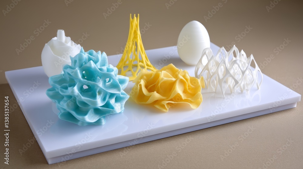 Aufkleber Vibrant and intricate 3D-printed sculptures in various geometric forms showcase a blend of materials while soft lighting enhances their unique textures and shapes