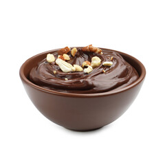 Delicious chocolate pudding with nuts in bowl isolated on white