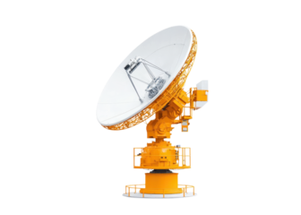 Satellite dish antenna for communication and space exploration, isolated on transparent background.