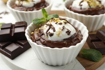 Tasty pudding with whipped cream in bowls and pieces of chocolate on white table, closeup