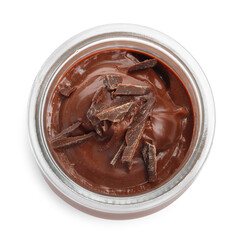Tasty chocolate pudding in glass jar isolated on white, top view
