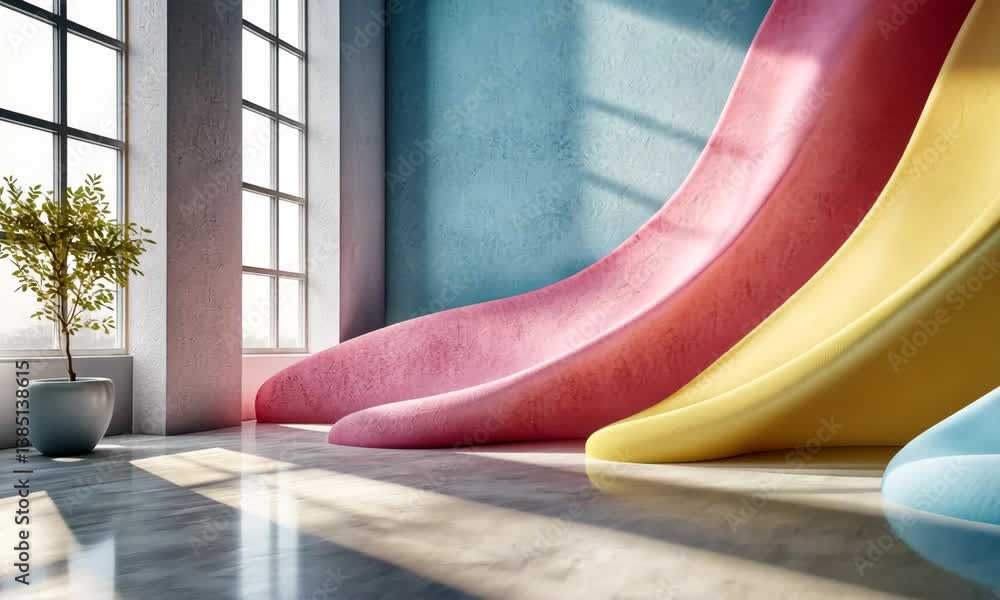Poster modern interior with abstract colorful structures and sunlight, creating a serene atmosphere