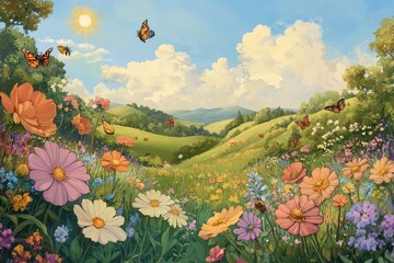 Naklejka premium A beautiful sunny meadow with flying butterflies and flowers