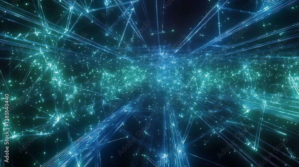 Poster abstract digital network with turquoise blue lines intertwining in a dark space for futuristic techn