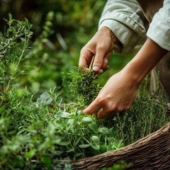 A traditional herbalist picking fresh herbs from a garden, preparing them for use in natural healing remedies and wellness practices.