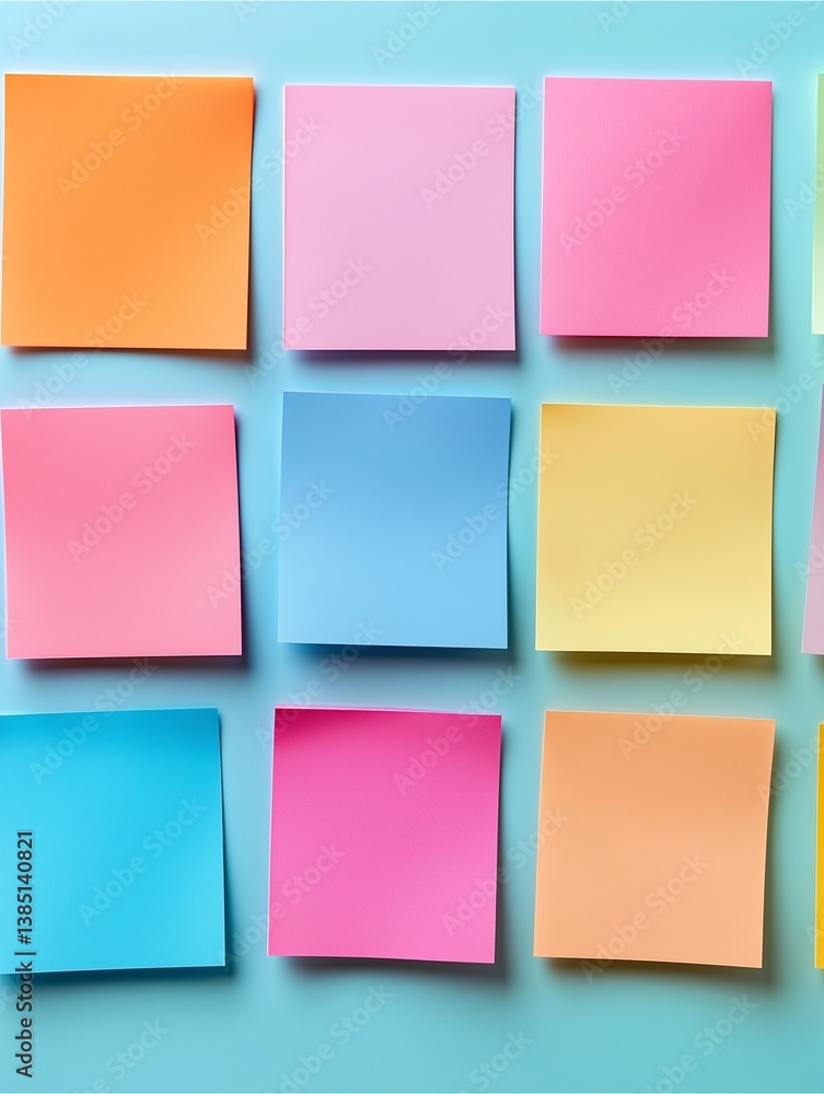 Poster colorful notes: a vibrant array of sticky notes, each a different hue, forms a grid against a refres