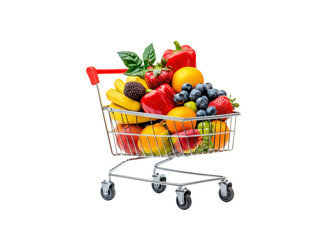 Shopping cart filled with fresh fruits and vegetables on a transparent background. Concept of healthy eating and grocery shopping.