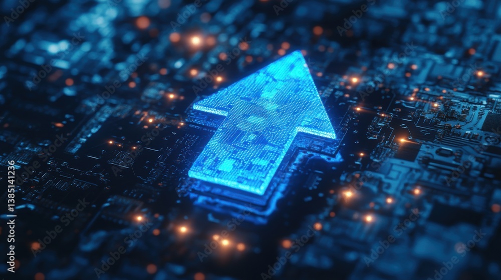 Aufkleber blue technology up arrow symbol on direction icon background with growth business development concep