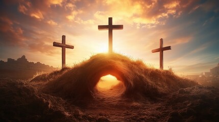 Three crosses stand on a grassy hill at sunset, capturing a moment of reflection and reverence in a serene landscape