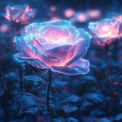 Obraz premium Ethereal Glowing Rose Surrounded by Soft Illuminated Flowers at Night