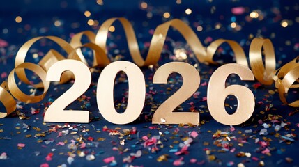 Metallic 3D numerals 2026 hover in mid-air, surrounded by golden ribbons and scattered confetti, creating an energetic atmosphere for celebrations